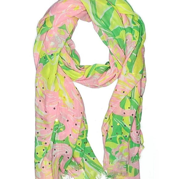 Lilly Pulitzer For Target Floral Pink & Green Floral Scarf with Gold Sequins - Picture 4 of 4